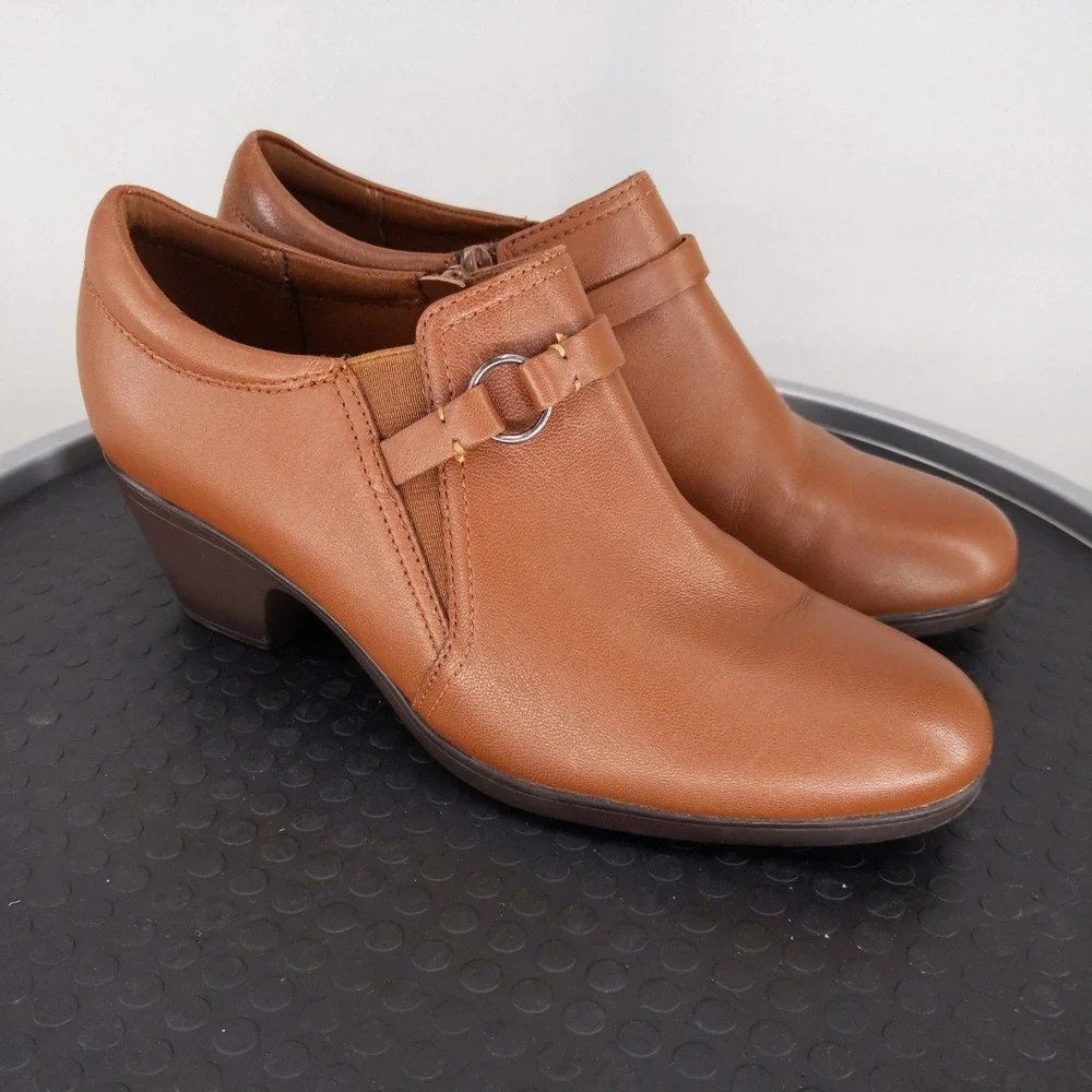 Clarks Collection Ankle Boots Womens 9.5‎ Brown Leather Block Heel Shooties